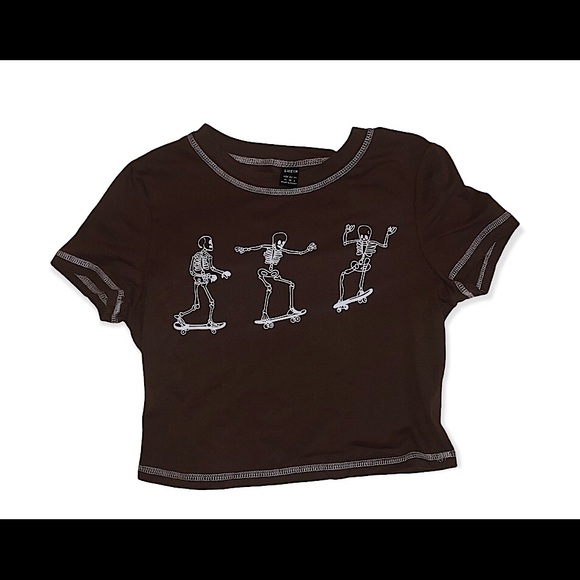 SHEIN brown skeleton skateboard crop top! - Picture 1 of 3
